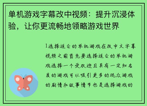 单机游戏字幕改中视频：提升沉浸体验，让你更流畅地领略游戏世界